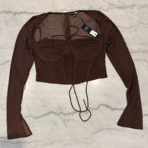 Fashion Nova Chocolate Brown Mesh Tie-Front Corset Crop Top